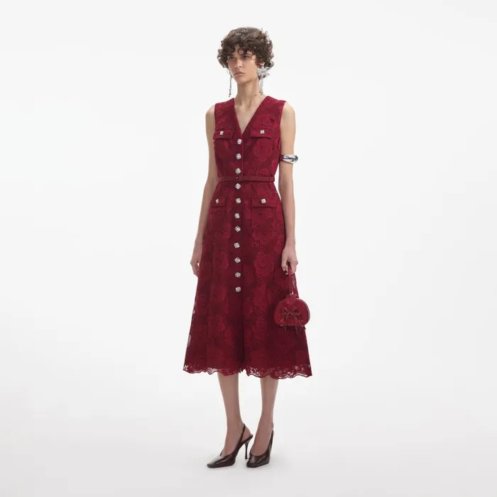 Self Portrait Dresses Women Burgundy Lace Buttoned Midi Dress