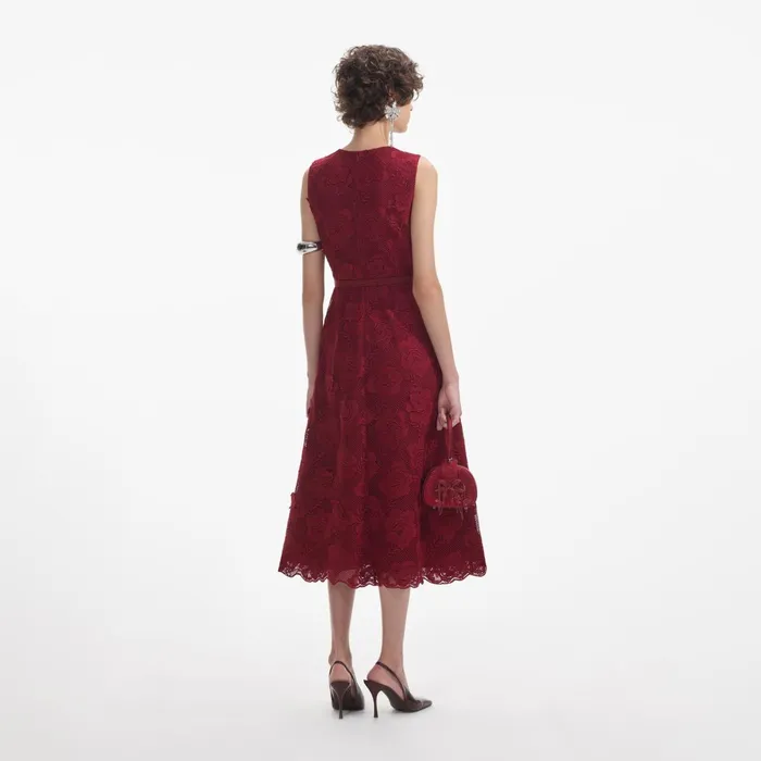 Self Portrait Dresses Women Burgundy Lace Buttoned Midi Dress