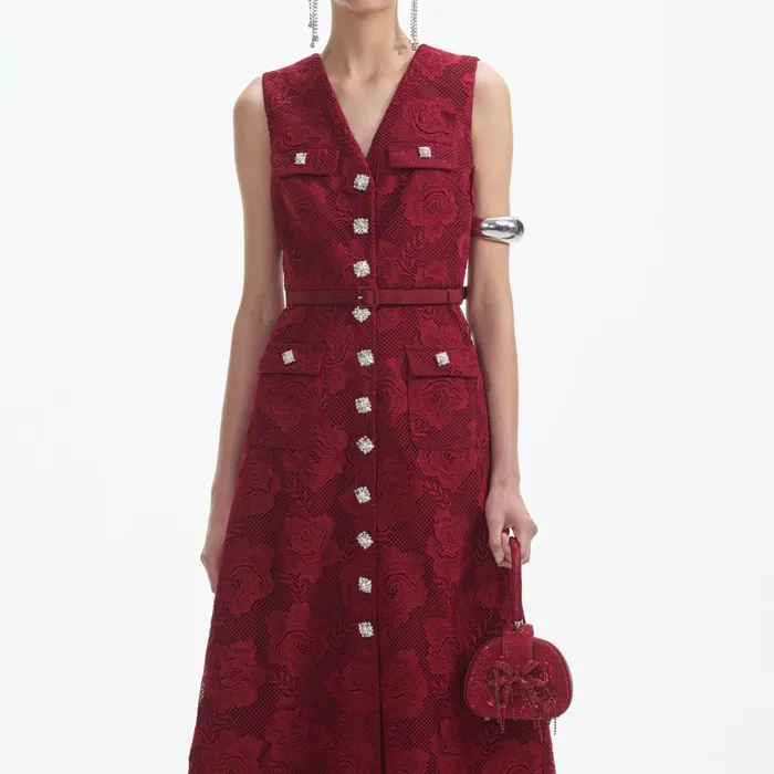 Self Portrait Dresses Women Burgundy Lace Buttoned Midi Dress
