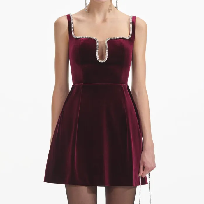 Self Portrait Dresses Women Burgundy Velvet Mini Dress