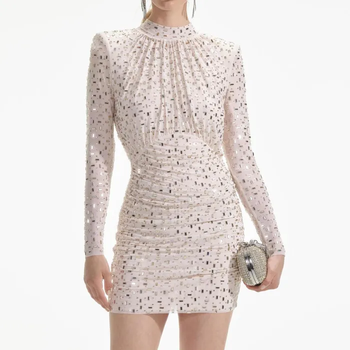 Self Portrait Dresses Women Champagne Rhinestone Mesh Mini Dress