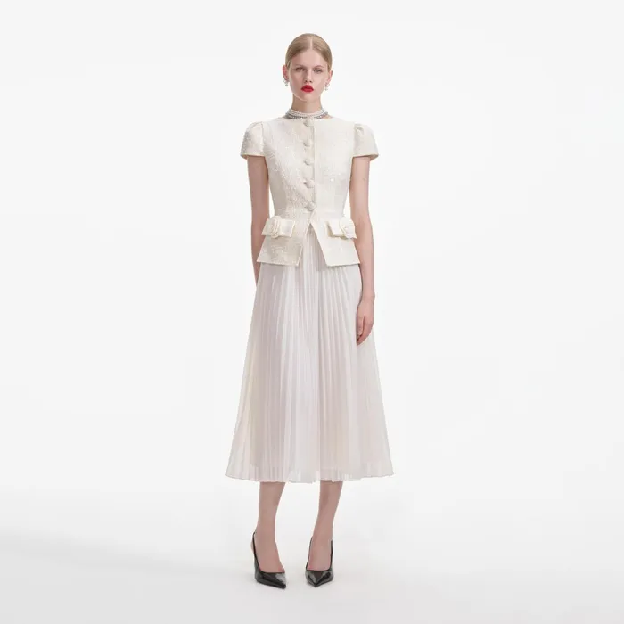Self Portrait Dresses Women Cream Boucle Bow Detail Midi Dress