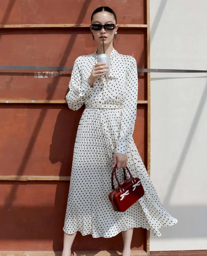 Self Portrait Dresses Women Cream Polka Dot Satin Midi Dress