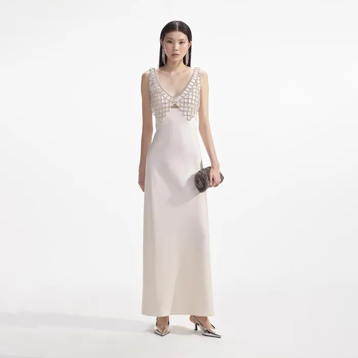 Self Portrait Dresses Women Cream Satin Diamante Bralette Maxi Dress