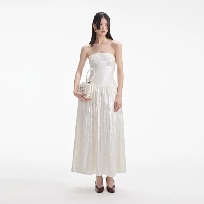 Self Portrait Dresses Women Cream Sequin Bandeau Midi Dress