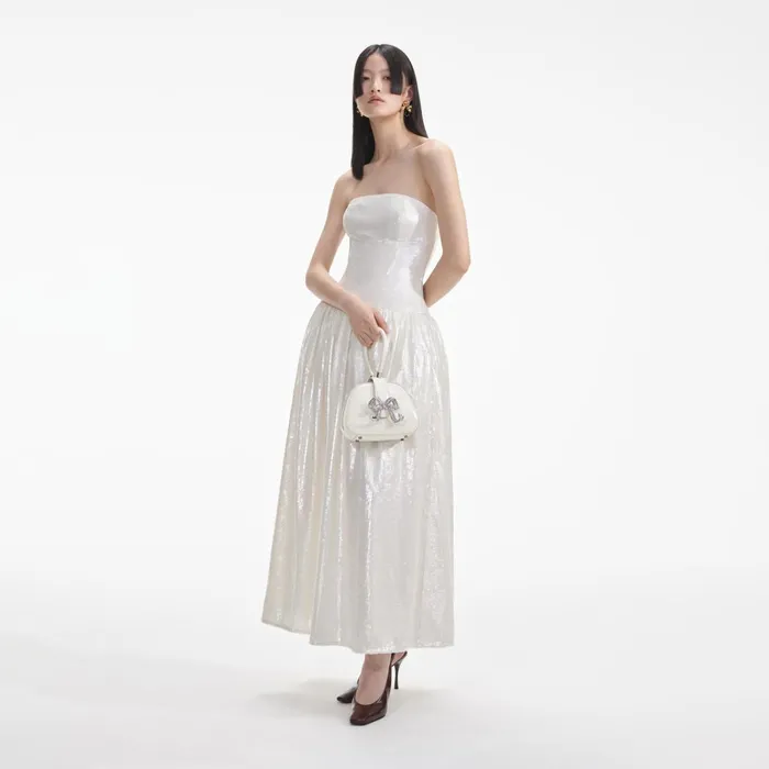 Self Portrait Dresses Women Cream Sequin Bandeau Midi Dress