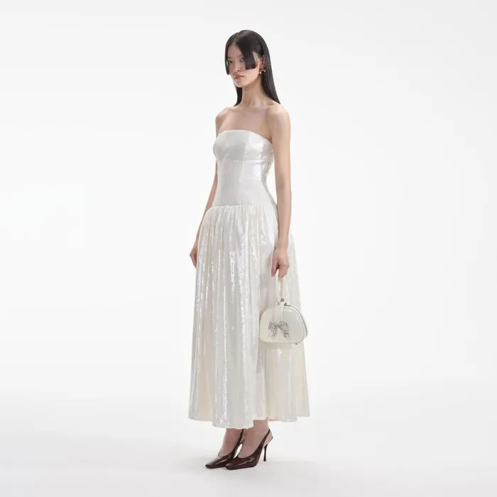 Self Portrait Dresses Women Cream Sequin Bandeau Midi Dress