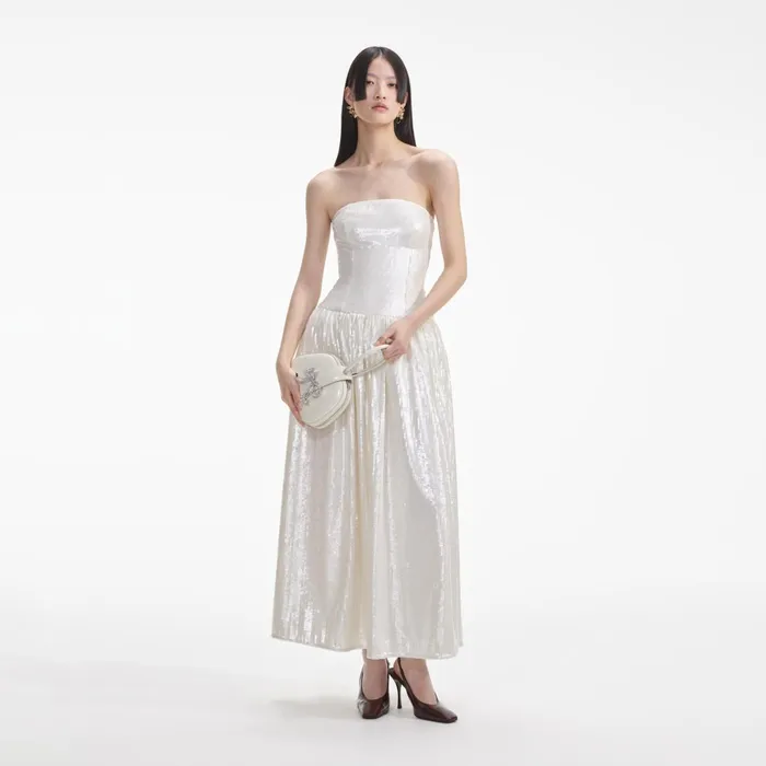 Self Portrait Dresses Women Cream Sequin Bandeau Midi Dress