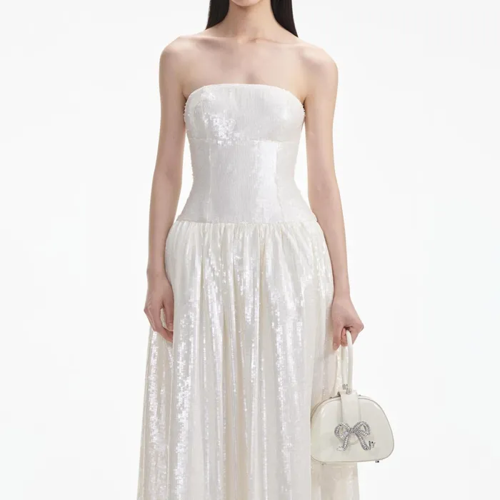 Self Portrait Dresses Women Cream Sequin Bandeau Midi Dress