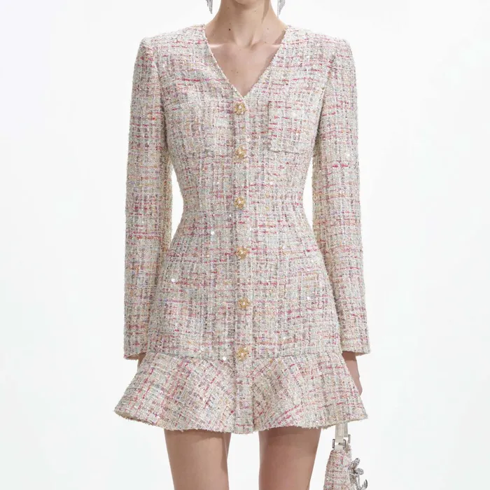 Self Portrait Dresses Women Pastel Boucle VNeck Mini Dress
