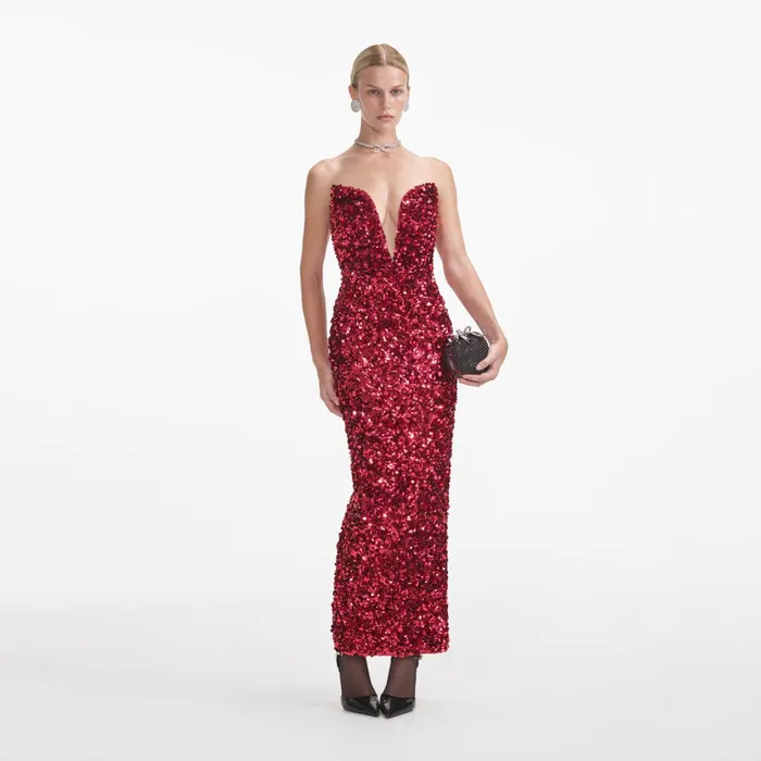 Self Portrait Dresses Women Red 3D Sequin Midi Dress