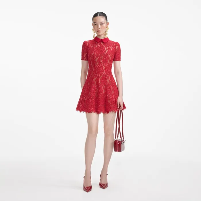 Self Portrait Dresses Women Red Sequin Lace Mini Dress