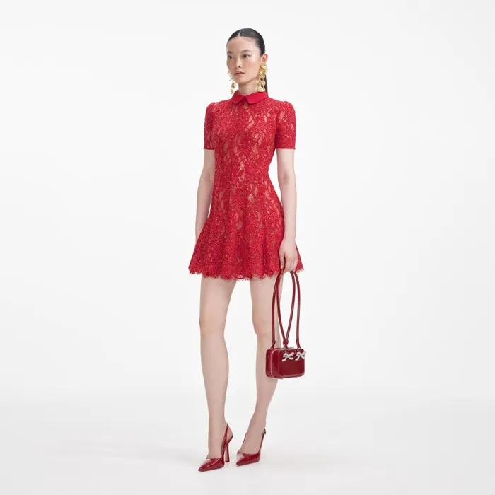 Self Portrait Dresses Women Red Sequin Lace Mini Dress
