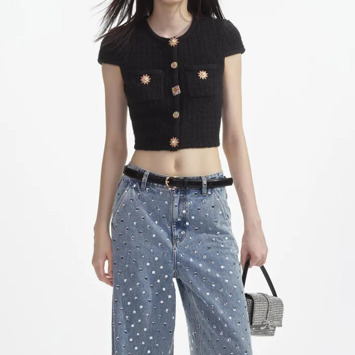 Self Portrait Knitwear Women Black Jewel Button Knit Top