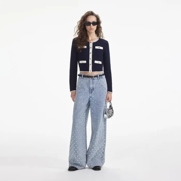 Self Portrait Knitwear Women Navy Crochet Contrast Trim Cardigan
