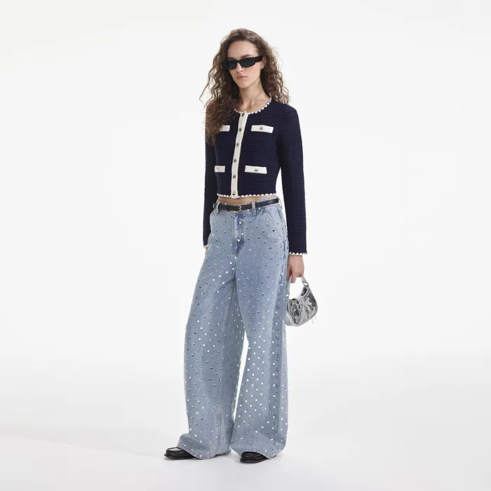 Self Portrait Knitwear Women Navy Crochet Contrast Trim Cardigan