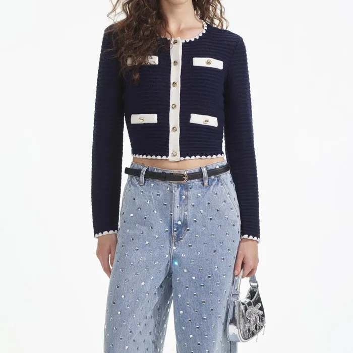 Self Portrait Knitwear Women Navy Crochet Contrast Trim Cardigan