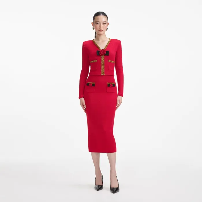 Self Portrait Knitwear Women Red Textured Knit Corsage Cardigan