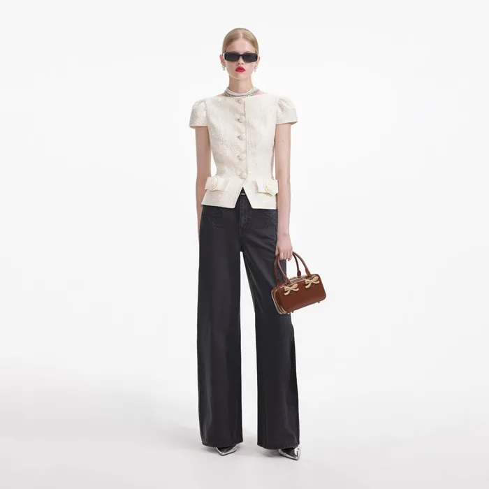 Self Portrait Tops Women Cream Boucle Bow Detail Top