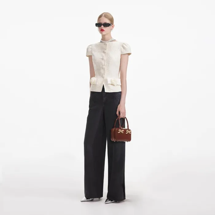 Self Portrait Tops Women Cream Boucle Bow Detail Top