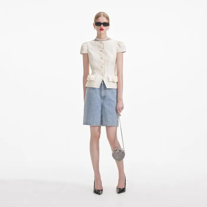 Self Portrait Tops Women Cream Boucle Bow Detail Top