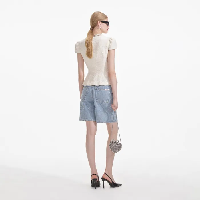 Self Portrait Tops Women Cream Boucle Bow Detail Top