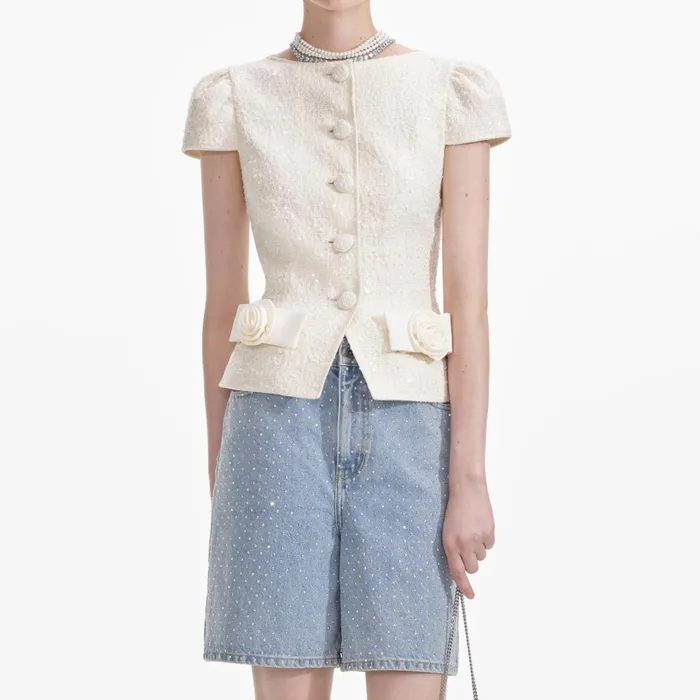 Self Portrait Tops Women Cream Boucle Bow Detail Top