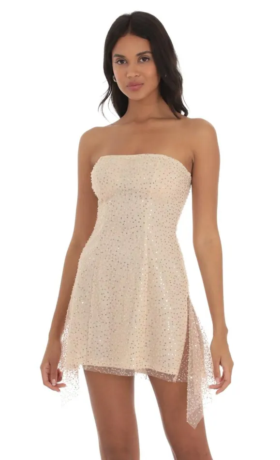 Sequin Double Slit Strapless Dress Champagne Women LUCY IN THE SKY Mini Dresses