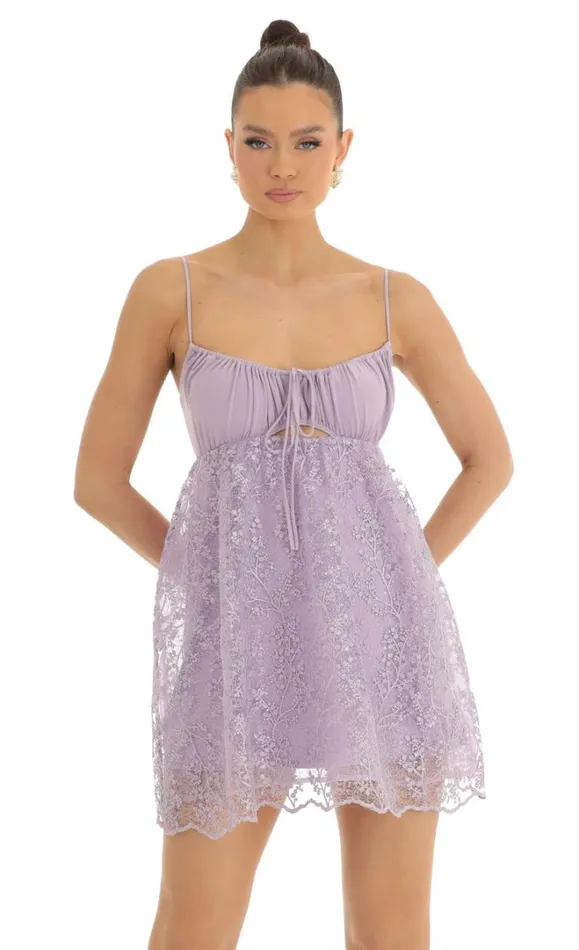 Sequin Embroidered Baby Doll Dress Purple Women LUCY IN THE SKY Mini Dresses