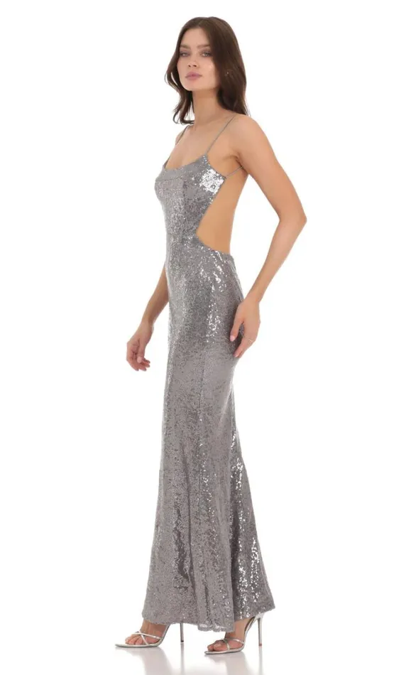 Sequin Open Back Dress Silver Women LUCY IN THE SKY Maxi Dresses