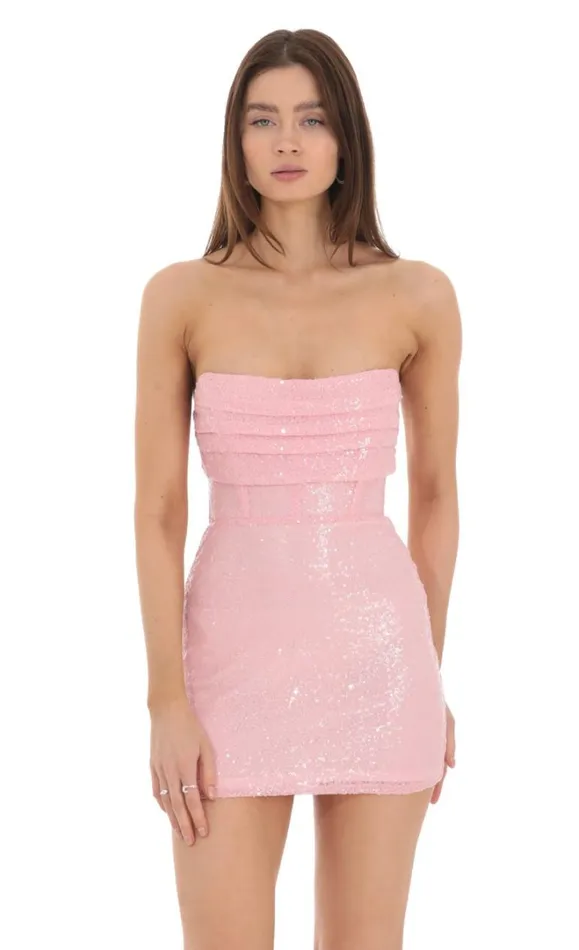 Sequin Strapless Corset Dress Pink Women LUCY IN THE SKY Mini Dresses Sequin Strapless Corset Dress Pink Women LUCY IN THE SKY Mini Dresses