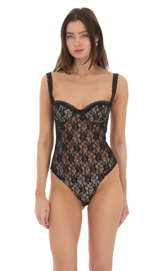 Sheer Lace Bodysuit Black Women LUCY IN THE SKY Bodysuits