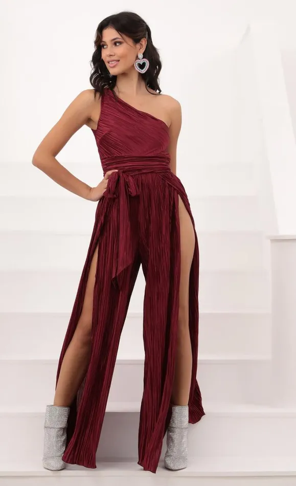 Shimmer One Shoulder Jumpsuit Burgundy Women LUCY IN THE SKY Jumpsuits