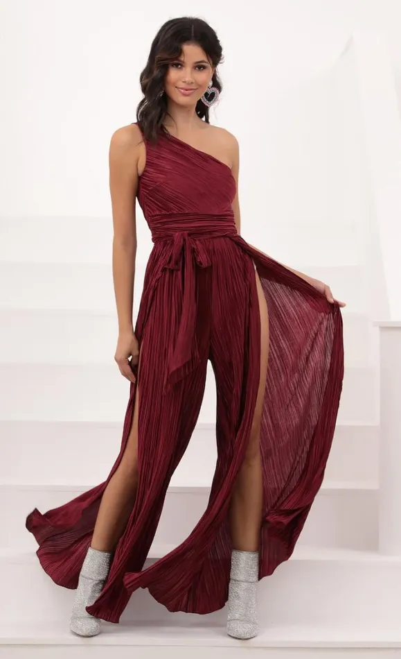 Shimmer One Shoulder Jumpsuit Burgundy Women LUCY IN THE SKY Jumpsuits Shimmer One Shoulder Jumpsuit Burgundy Women LUCY IN THE SKY Jumpsuits