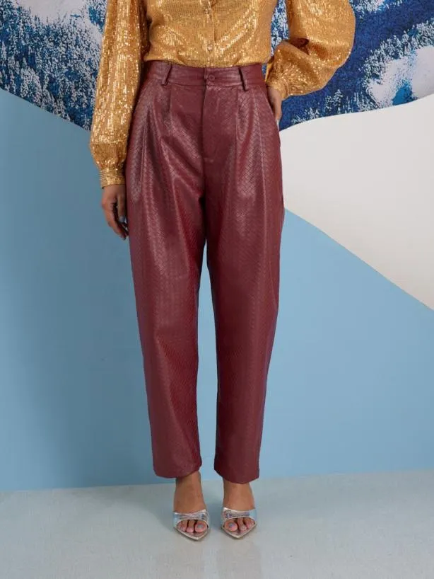 Sister Jane Bottoms Womenswear Ghospell Kyra PU Weave Trousers Burgundy Red