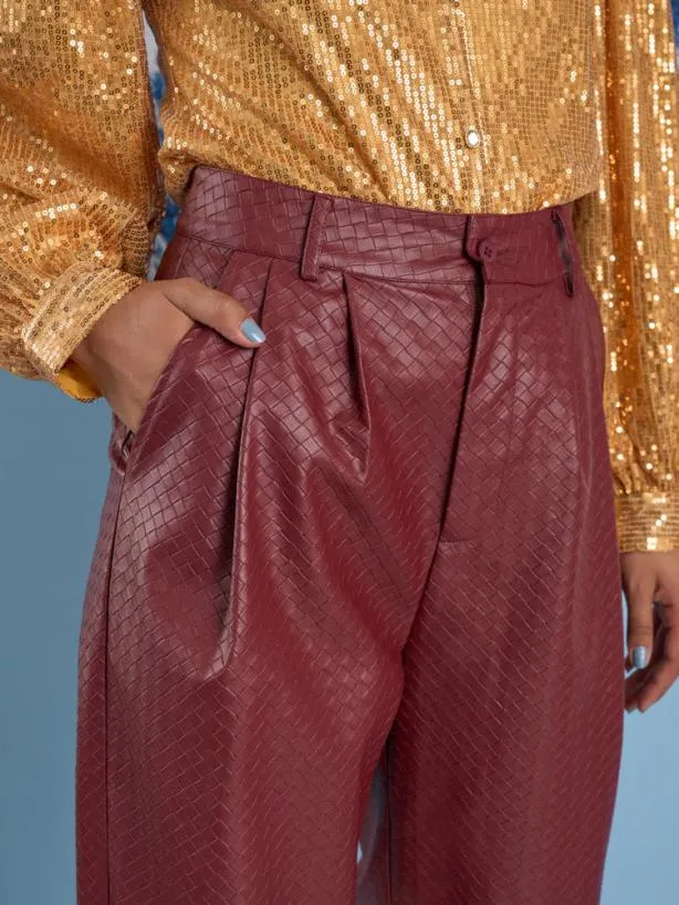 Sister Jane Bottoms Womenswear Ghospell Kyra PU Weave Trousers Burgundy Red