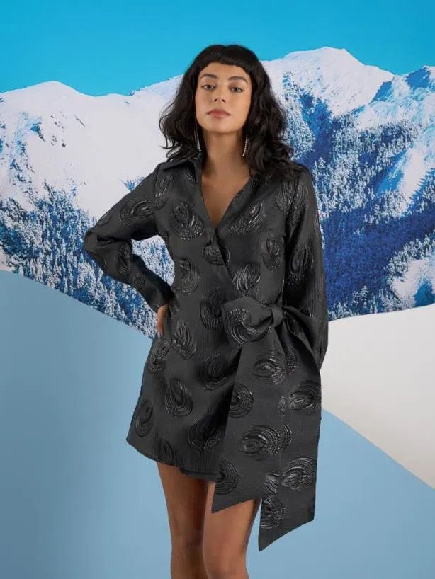 Sister Jane Dresses Womenswear Ghospell Domino Jacquard Wrap Dress Ink Black