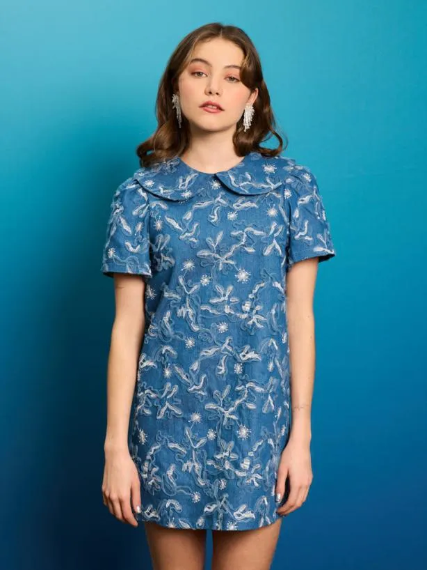 Sister Jane Dresses Womenswear Honeycomb Fray Denim Dress Indigo Blue