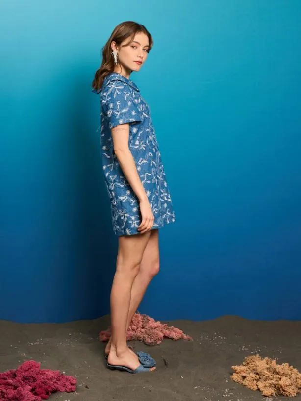 Sister Jane Dresses Womenswear Honeycomb Fray Denim Dress Indigo Blue