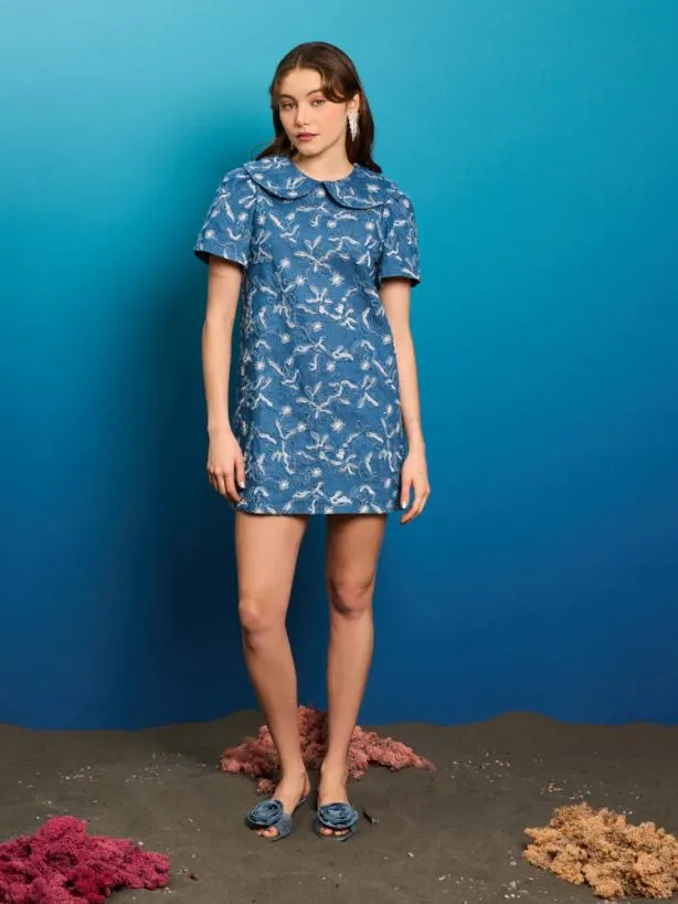 Sister Jane Dresses Womenswear Honeycomb Fray Denim Dress Indigo Blue