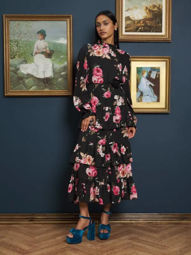 Sister Jane Dresses Womenswear Vase Of Flowers Midi Dress Rose Black