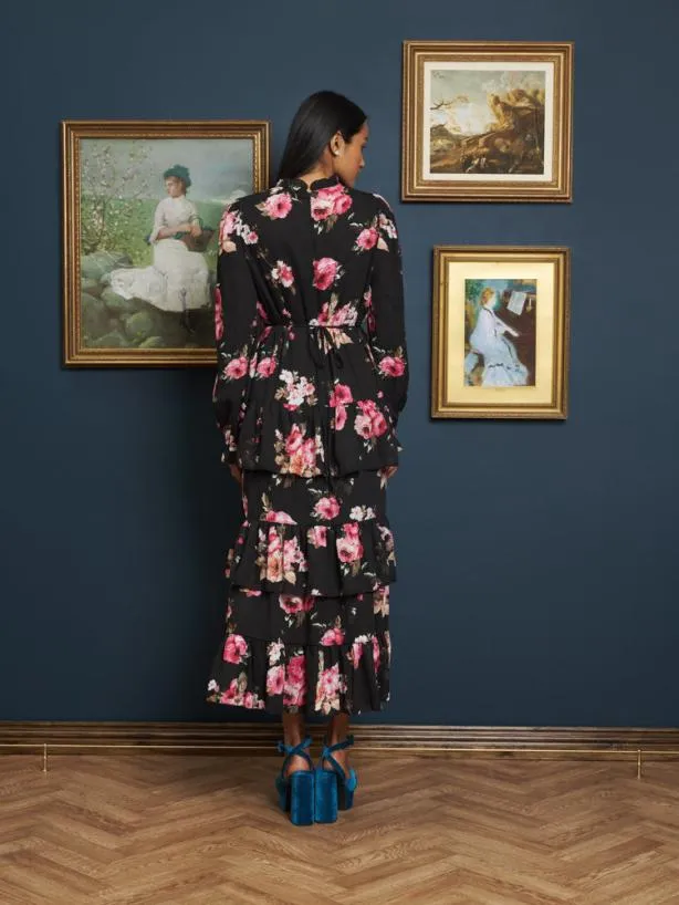 Sister Jane Dresses Womenswear Vase Of Flowers Midi Dress Rose Black