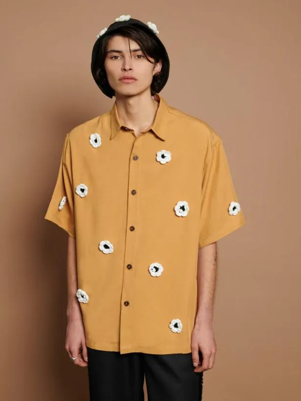 Sister Jane Shirts Menswear Coast Crochet Boxy Shirt Mustard Yellow