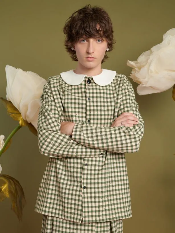 Sister Jane Shirts Menswear Theo Check Shirt With Brooch Smoke Green