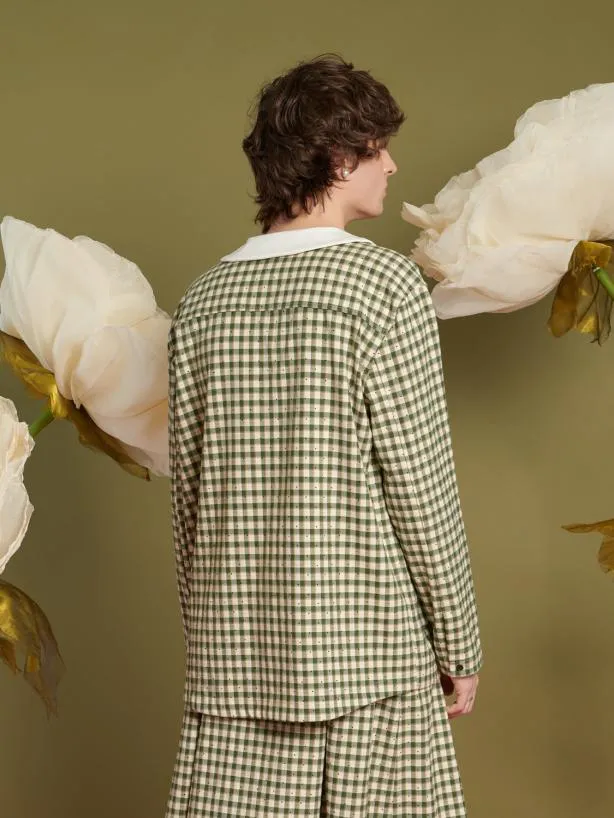 Sister Jane Shirts Menswear Theo Check Shirt With Brooch Smoke Green