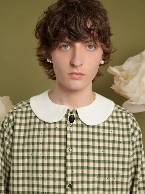 Sister Jane Shirts Menswear Theo Check Shirt With Brooch Smoke Green