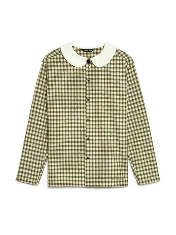 Sister Jane Shirts Menswear Theo Check Shirt With Brooch Smoke Green