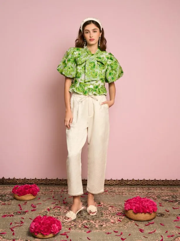 Sister Jane Tops Womenswear Cardamom Jacquard Bow Top Lime Punch