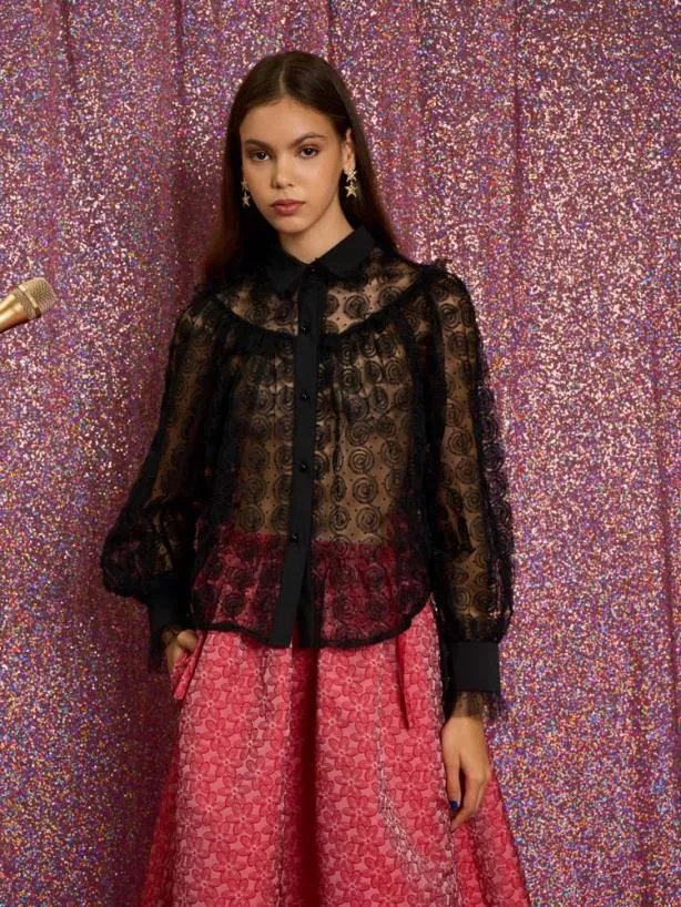 Sister Jane Tops Womenswear Medallion Rose Tulle Blouse Ink Black