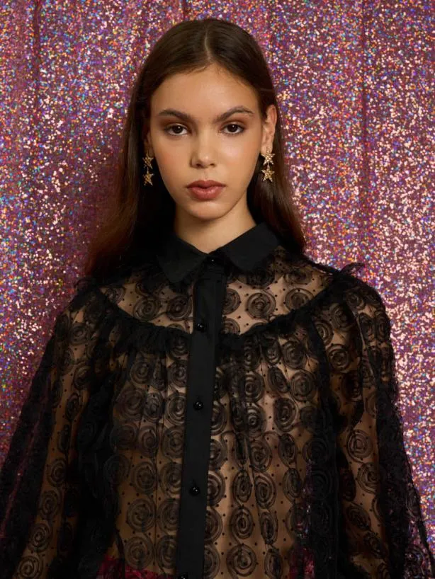 Sister Jane Tops Womenswear Medallion Rose Tulle Blouse Ink Black